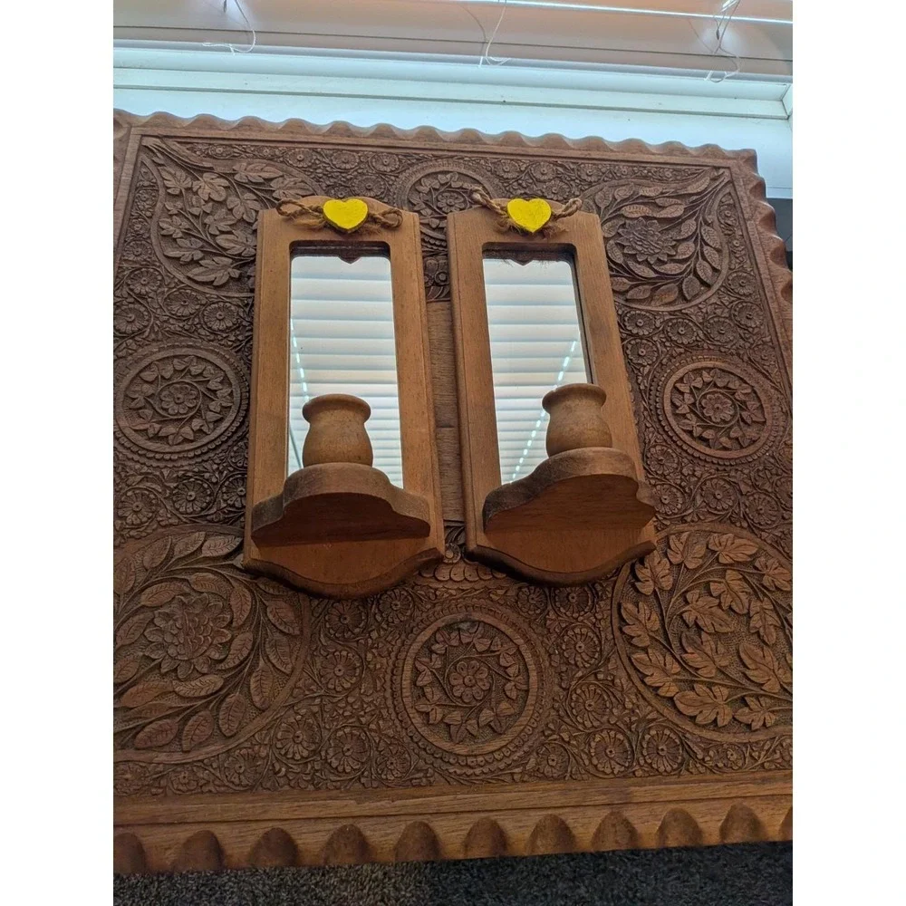Vintage Wooden Mirror Sconce Wall Candle Holder Set Of 2 11.5 Inch Grannycore